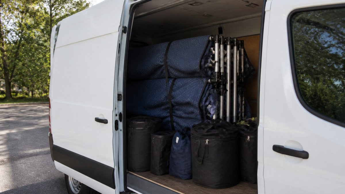 Professional van with side door open, showing protective blankets draped over stacked balloon installation frames, transport bags organized along the interior, natural daylight streaming in